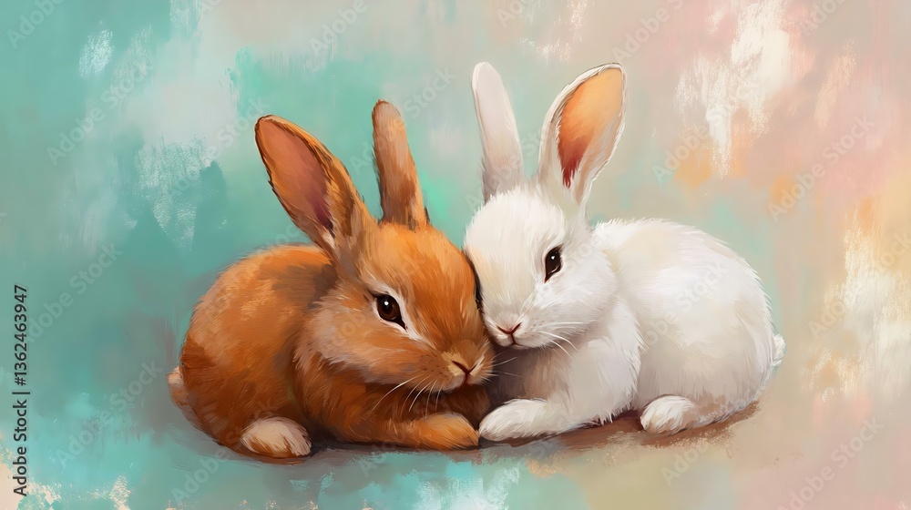 Fototapeta premium Two cute rabbits, one orange and one white, snuggling together on a colorful background, perfect for animal lovers and children's artwork.
