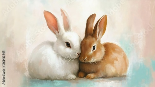 Wallpaper Mural Two adorable rabbits, one white and one brown, snuggling together against a soft pastel background, conveying warmth and companionship. Torontodigital.ca