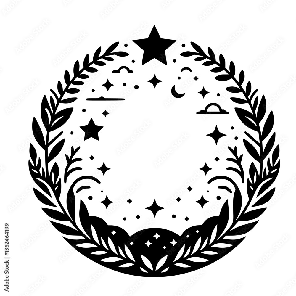 Fototapeta premium Celestial Wreath: A Black and White Design Featuring Stars, Crescent Moons, Clouds, and Foliage Within a Circular Composition.
