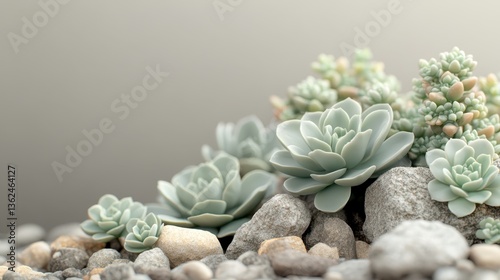 Close up of small plant on rock surrounded by succulent plants in rocky setting