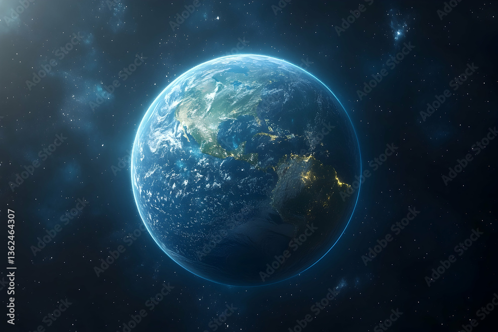 Obraz premium Earth Beautiful view of Earth with cloud cover and visible city lights at night, against space