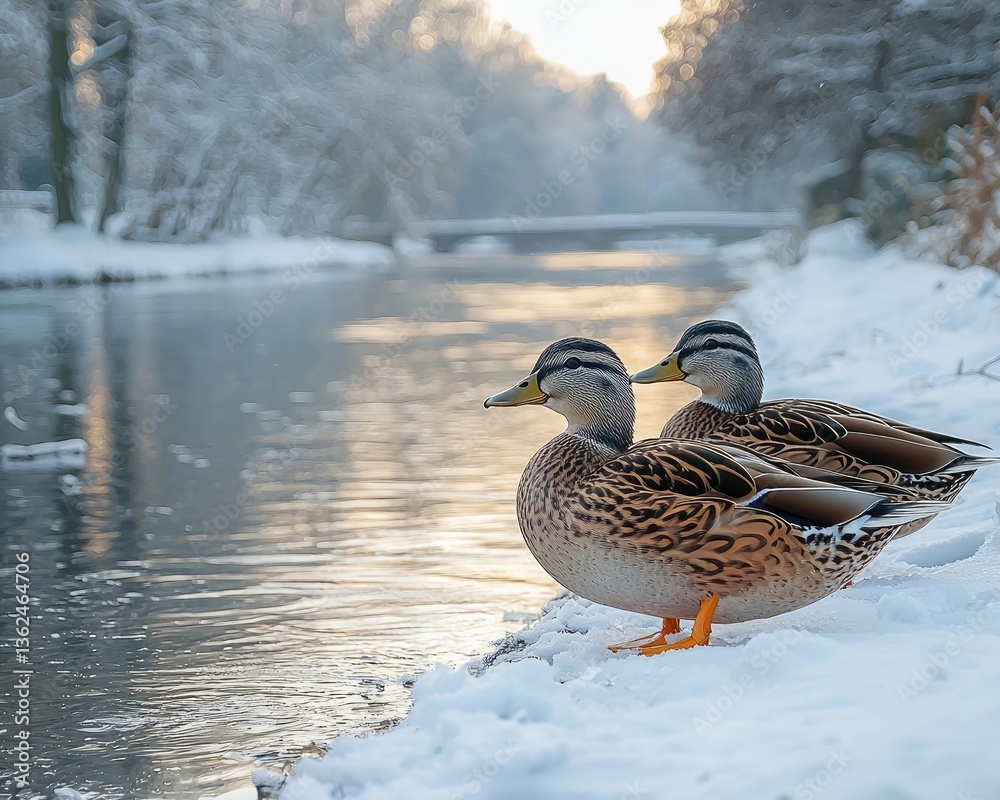 Two ducks resting by a snowy riverbank at dawn, surrounded by winter scenery Two ducks resting by a snowy riverbank at dawn, surrounded by winter scenery