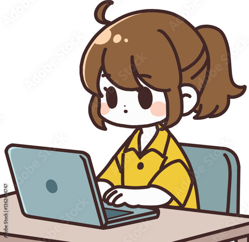 ノートパソコンで作業をするポニーテールの女性　主線あり