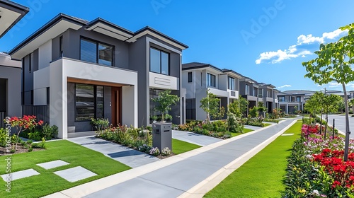 Modern Suburban Street with Contemporary Houses, Modern suburban street with row of contemporary houses and well-maintained gardens