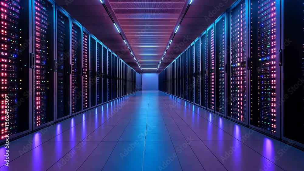 Futuristic data center hallway with blinking server lights video