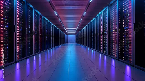 Futuristic data center hallway with blinking server lights video