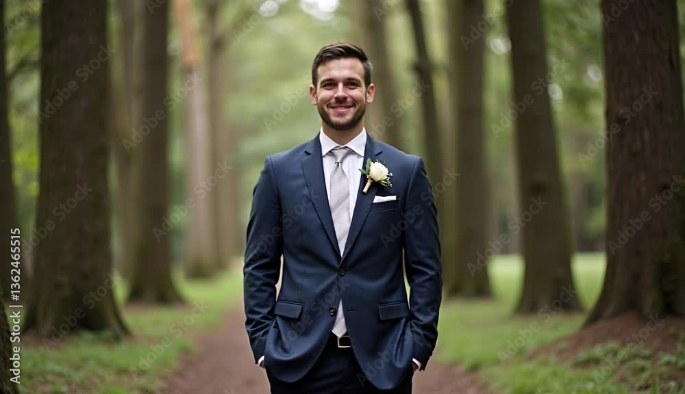A young handsome groom smiling shyly while standing in a tranquil forest setting
A young handsome groom smiling shyly while standing in a tranquil forest setting