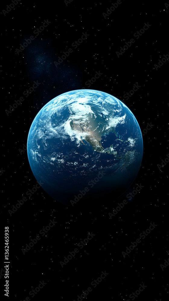 Obraz premium Earth viewed from space Globe shows continents, blue oceans, and atmospheric clouds in a starry sky