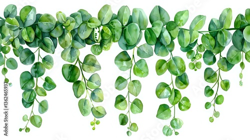 Fresh green eucalyptus leaves cascade downward in watercolor style on white background, creating natural border design for wedding stationery and botanical decor.