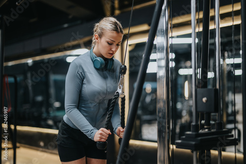 Bild auf Leinwand Young woman using a rope attachment on a cable machine for a triceps workout in a modern gym setting