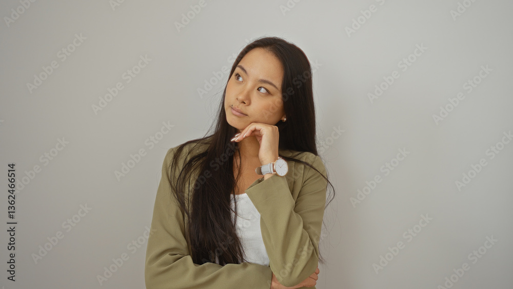 Beautiful young chinese woman in casual attire standing over isolated white background looking thoughtful and pensive Beautiful young chinese woman in casual attire standing over isolated white background looking thoughtful and pensive