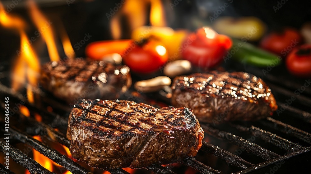 Grilled Steaks on Fire with Colorful Vegetables Grilled Steaks on Fire with Colorful Vegetables
