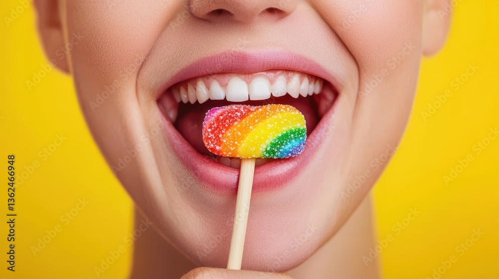 Playful Person Smiling with Rainbow Candy in Mouth Against Bright Yellow Background Playful Person Smiling with Rainbow Candy in Mouth Against Bright Yellow Background