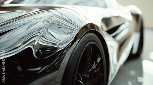 Sleek black sports car's fender and wheel close-up