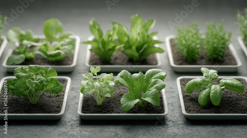 Row of small white square pots filled with soil and vegetable plants in square plots