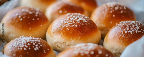Golden baked brioche buns with sugar crystals in close-up view