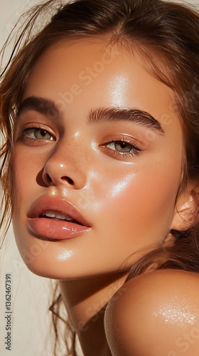 Radiant Young Woman with Glowing Skin Studio Setting Beauty Portrait Natural Light Close-Up View Radiance Concept