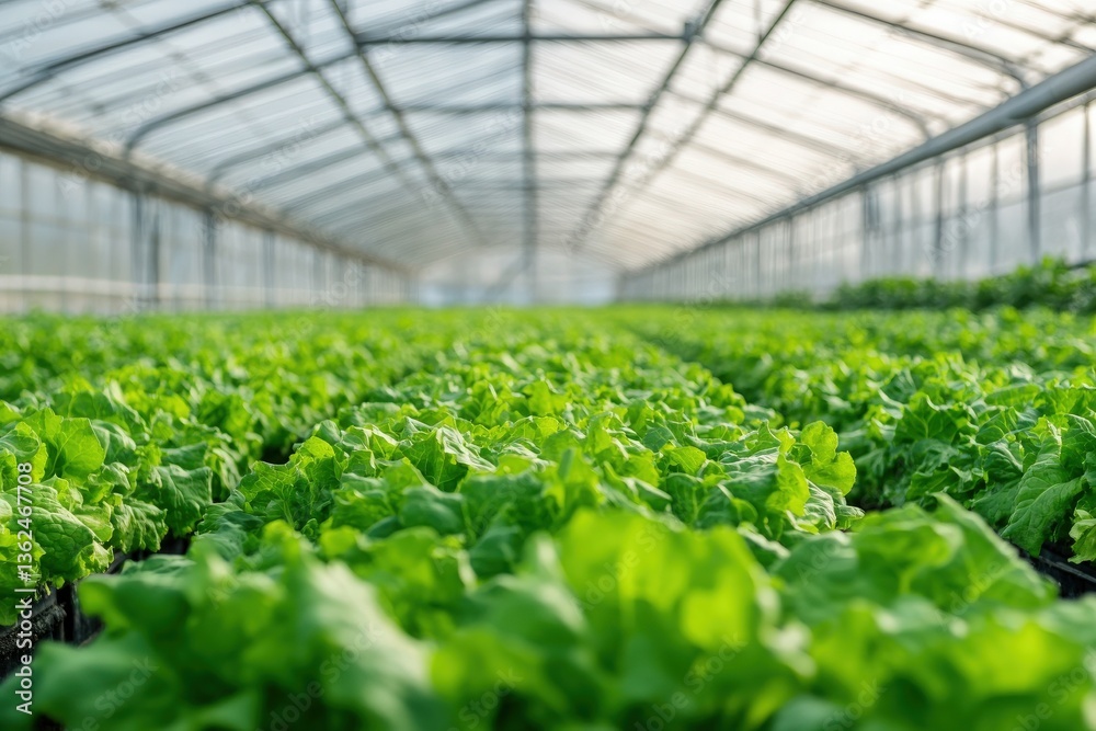 Rows of vibrant green lettuce plants thrive under the glass ceiling of a greenhouse, bathed in sunlight. A lush and healthy scene of modern agriculture. Rows of vibrant green lettuce plants thrive under the glass ceiling of a greenhouse, bathed in sunlight. A lush and healthy scene of modern agriculture.