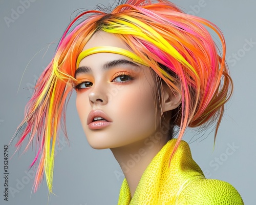 Vibrant Fashion Model with Neon Colors Studio Portrait Photography Urban Chic Close-Up Creative Expression