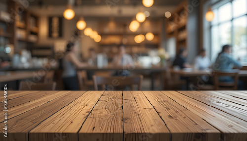 Wood table top with Restaurant cafe or coffee shop interior for montage product display background 2