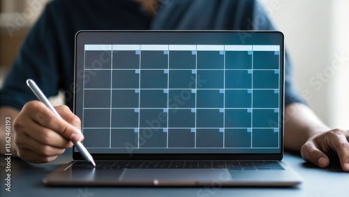 A person interacts with a laptop displaying a blank calendar interface, suggesting planning or scheduling activities.