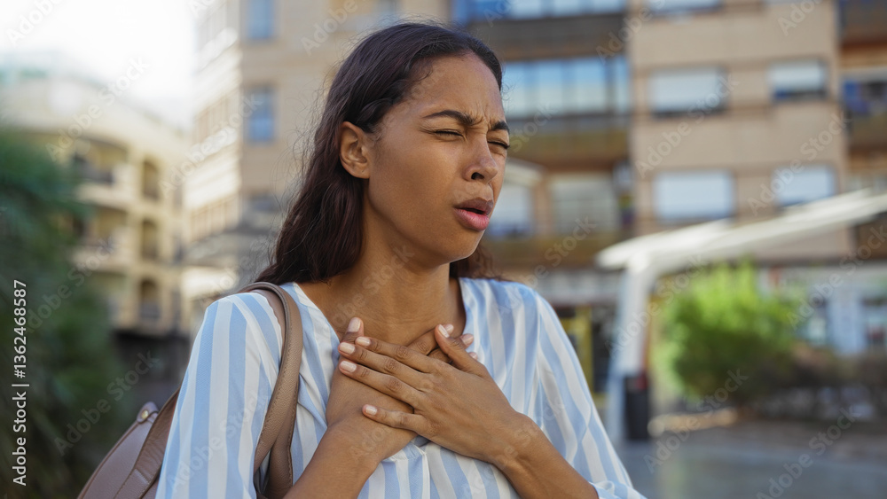 Woman feeling chest discomfort outdoors in urban city setting with a concerned expression, highlighting potential health issue in an exterior environment on a sunny day Woman feeling chest discomfort outdoors in urban city setting with a concerned expression, highlighting potential health issue in an exterior environment on a sunny day