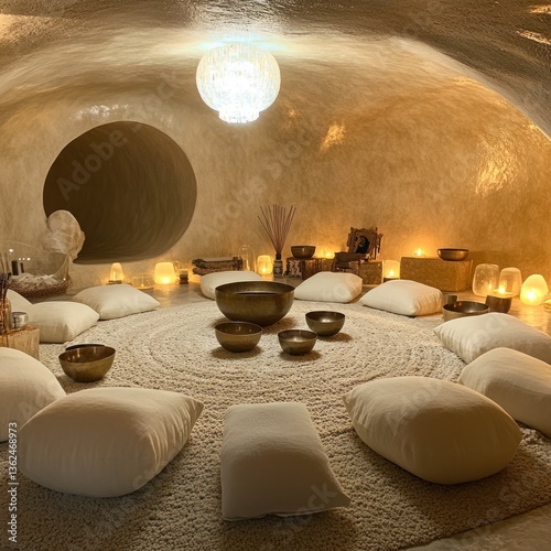 Serene sound bath space illuminated by candlelight for holistic wellness