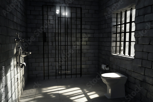 in the prison cell, there is an iron bed and a toilet on one side of it. the wall behind them has gray bricks with black bars.