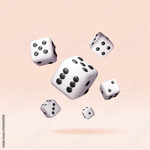 3D set of dice white playing cube isolated. Render collection of rolling dice cube with dots icon. Idea of random choice or decision. Poker dice gambling casino, bet and sports. Vector illustration