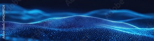 Abstract digital landscape.  Glowing blue particles form undulating waves in a dark setting.  Perfect for tech or science backgrounds.