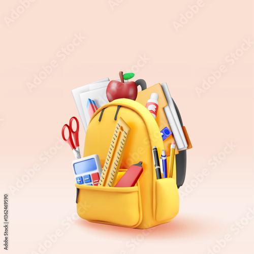 3D School backpack full of stationery items isolated. Render back to school concept. School supplies in backpack. Apple, calculator, pen pencil ruler. Education and study learning. Vector illustration