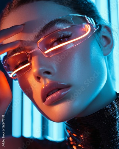 Futuristic Fashion Model in Neon Setting Urban Environment Portrait High-Tech Aesthetic Close-Up View