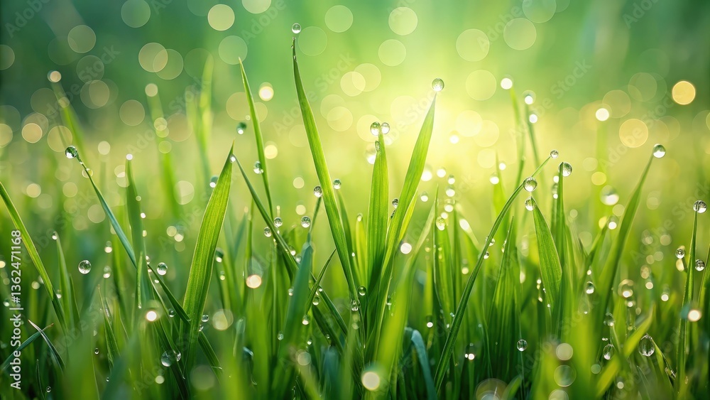 Fototapeta premium Morning Dew Glistens on Lush Green Blades of Grass in the Soft Light of Dawn