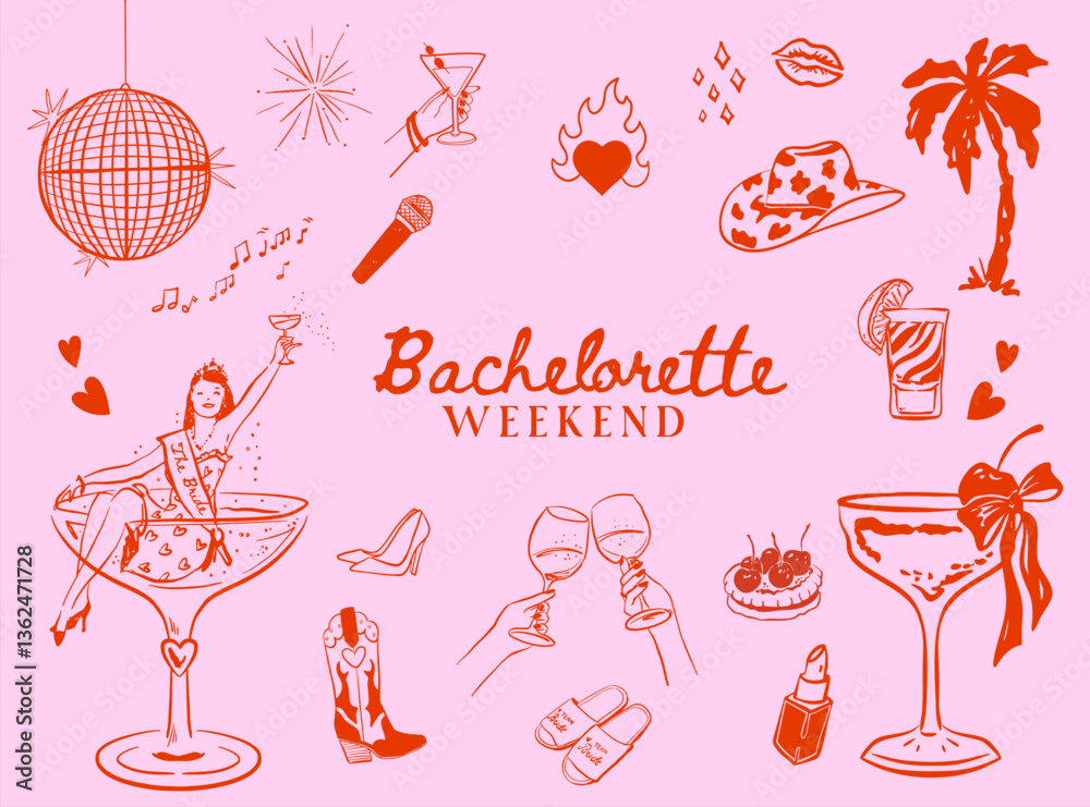 Set of hand drawn Bachelorette Weekend doodle icons, Minimal line art Cowgirl Hen Party illustrations, Whimsical Bachelorette vector icons for T-shirts, invitations and web design