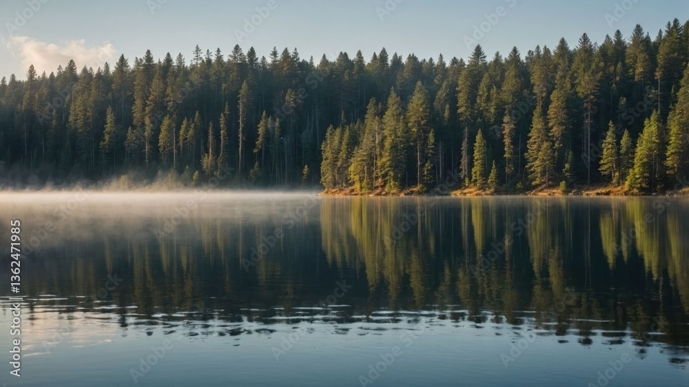 Serene lake surrounded by tall trees, reflecting nature's beauty in calm waters. Serene lake surrounded by tall trees, reflecting nature's beauty in calm waters.