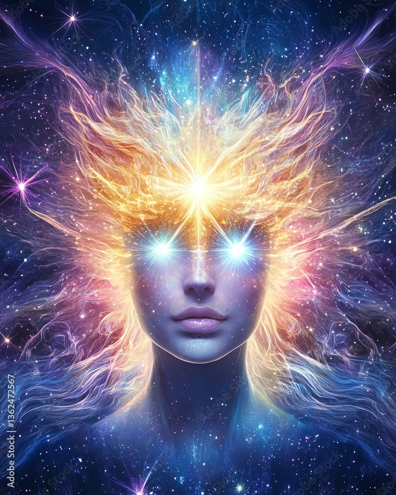 A mesmerizing representation of consciousness, featuring a figure with radiant energy and swirling colors, embodying the connection to the universe. A mesmerizing representation of consciousness, featuring a figure with radiant energy and swirling colors, embodying the connection to the universe.