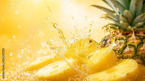 新鮮なパイナップル果汁が弾ける瞬間の躍動感 | 太陽光のような黄色
