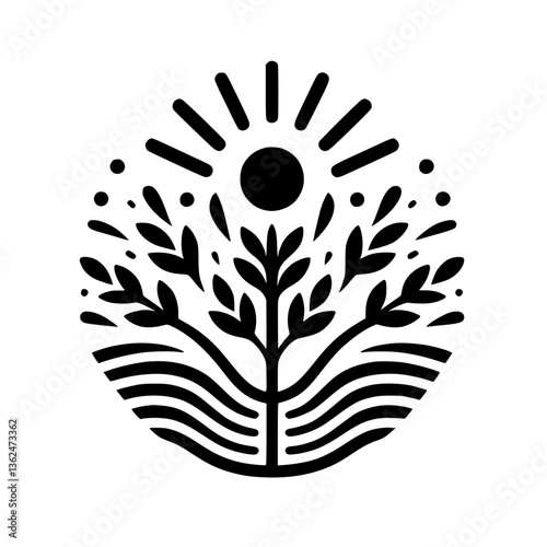 Stylized black and white circular illustration of a tree sprouting leaves, sun rays above, and wavy lines below, symbolizing nature's growth.
