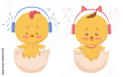 Two cute chickens sitting in shell, listening to music and singing. Vector isolated drawing brother and sister - chicken chicks. Boy wearing blue headphones, girl wearing pink headphones. Print