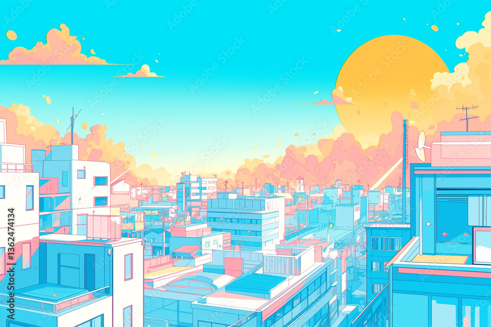 custom made wallpaper toronto digital美しい夕暮れ空と飛行機雲・80年代レトロポップ調のパステルカラー都市風景イラスト・ノスタルジックでエモさ溢れる都会背景素材・アニメ風景・青春の情景・懐かしい日常の都市ライフ