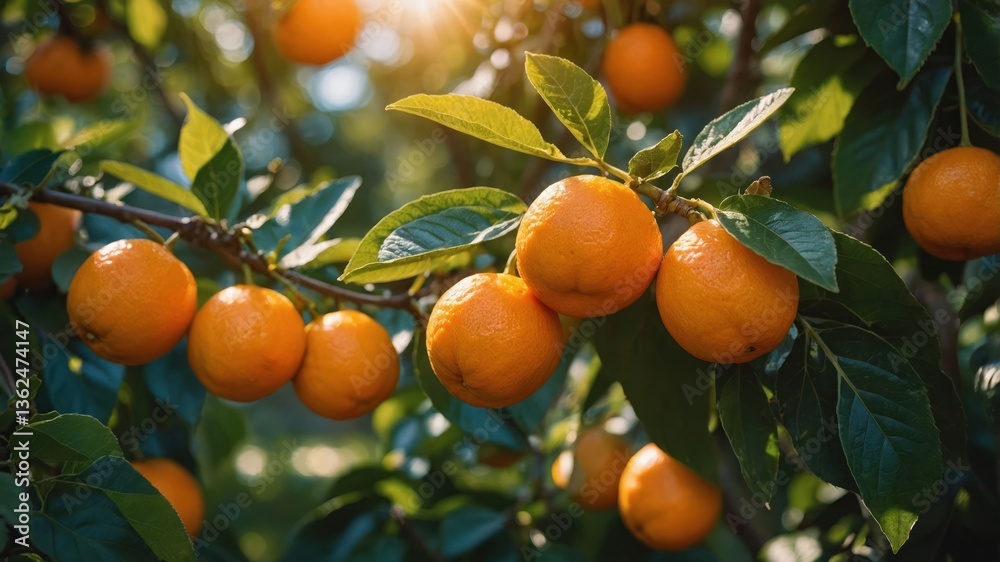 Ripe oranges hanging on a tree branch, illuminated by sunlight. Ripe oranges hanging on a tree branch, illuminated by sunlight.
