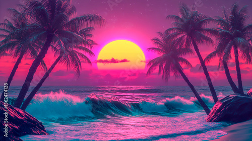A nostalgic retro beach scene featuring crashing waves, tall palm trees, and a vibrant synthwave sun casting colorful light