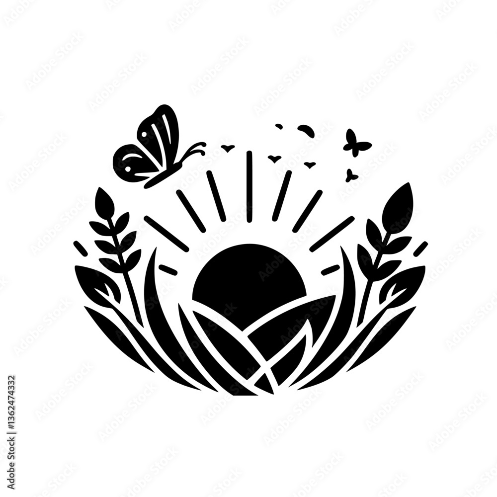 Fototapeta premium A black and white vector illustration featuring a sun rising over a field of tall grass and leaves, with butterflies and birds in flight, evoking a serene atmosphere.