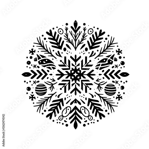 Intricate, black and white circular design featuring a stylized snowflake center, decorated with organic shapes like leaves, berries, and arrows, showcasing a harmonious balance and elegance.
