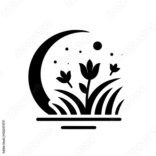 Stylized Black Floral Illustration: Crescent-Framed Tulips and Grass, Dots in a Minimalist Design, conveying peaceful garden scene.