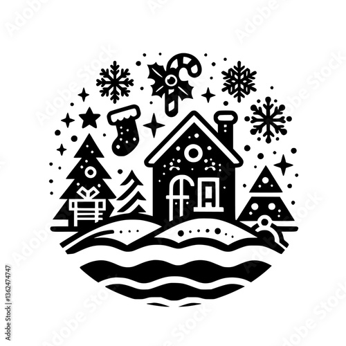 A festive, black and white circular design of a wintery scene featuring a cozy house, Christmas trees, snowflakes, and holiday ornaments.