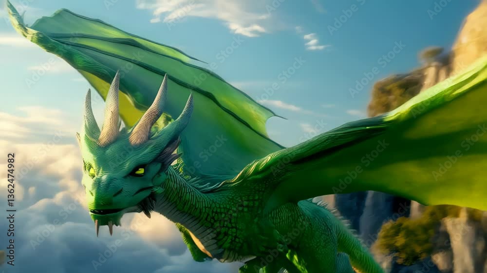Majestic green dragon soaring above clouds and mountains during sunset in a fantasy realm