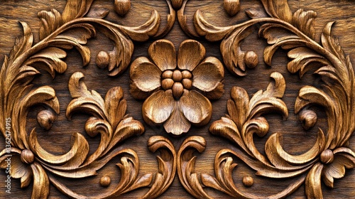 Intricate wood carving detail, symmetrical floral pattern