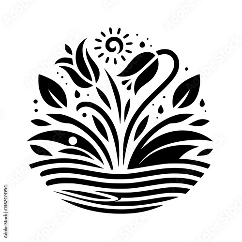 Stylized Black and White Floral Illustration of Rising Plants, Sunlight, and Water Elements in a Circular Design.