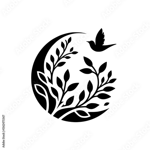 A stylized black and white emblem featuring a bird taking flight above a circular arrangement of leaves and branches, symbolizing peace and nature's beauty.